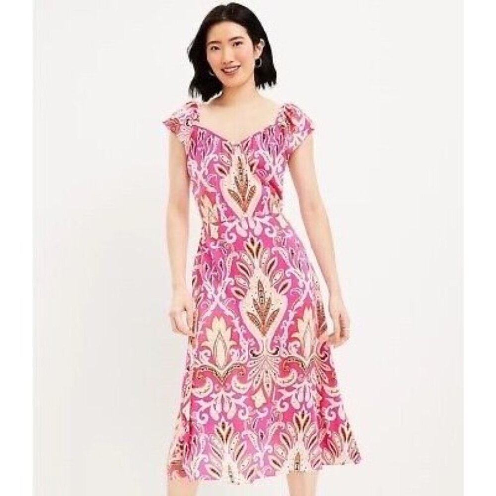 LOFT women's 8 pink yellow patterned flutter sleeve v-neckline midi a-line dress
